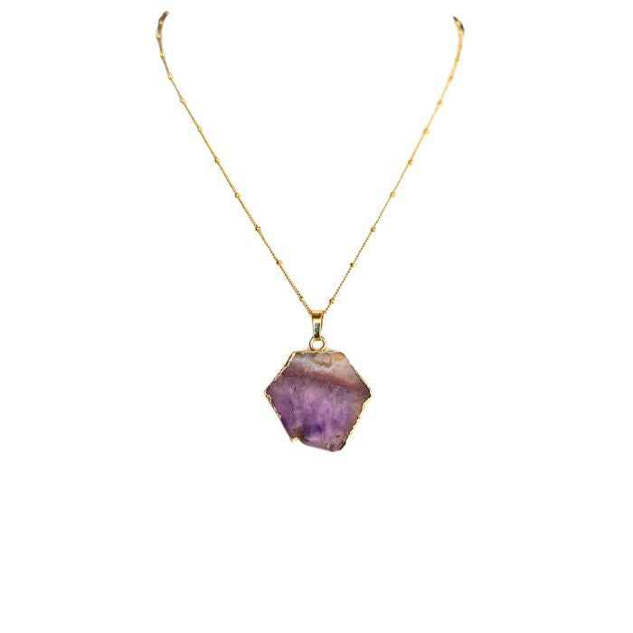 Raw amethyst slice pendant necklace on a 14k gold-plated chain, 18 inch