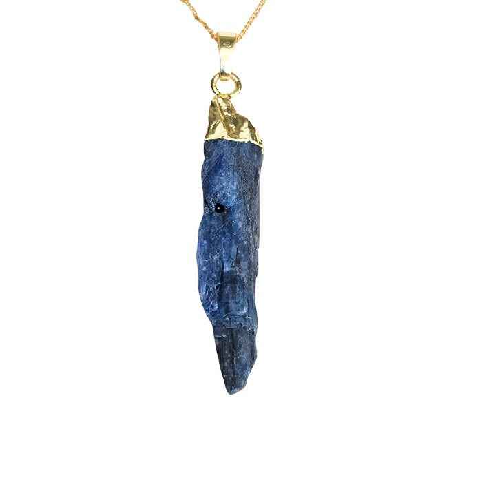 Raw blue kyanite pendant necklace, gold-plated chain, view 3