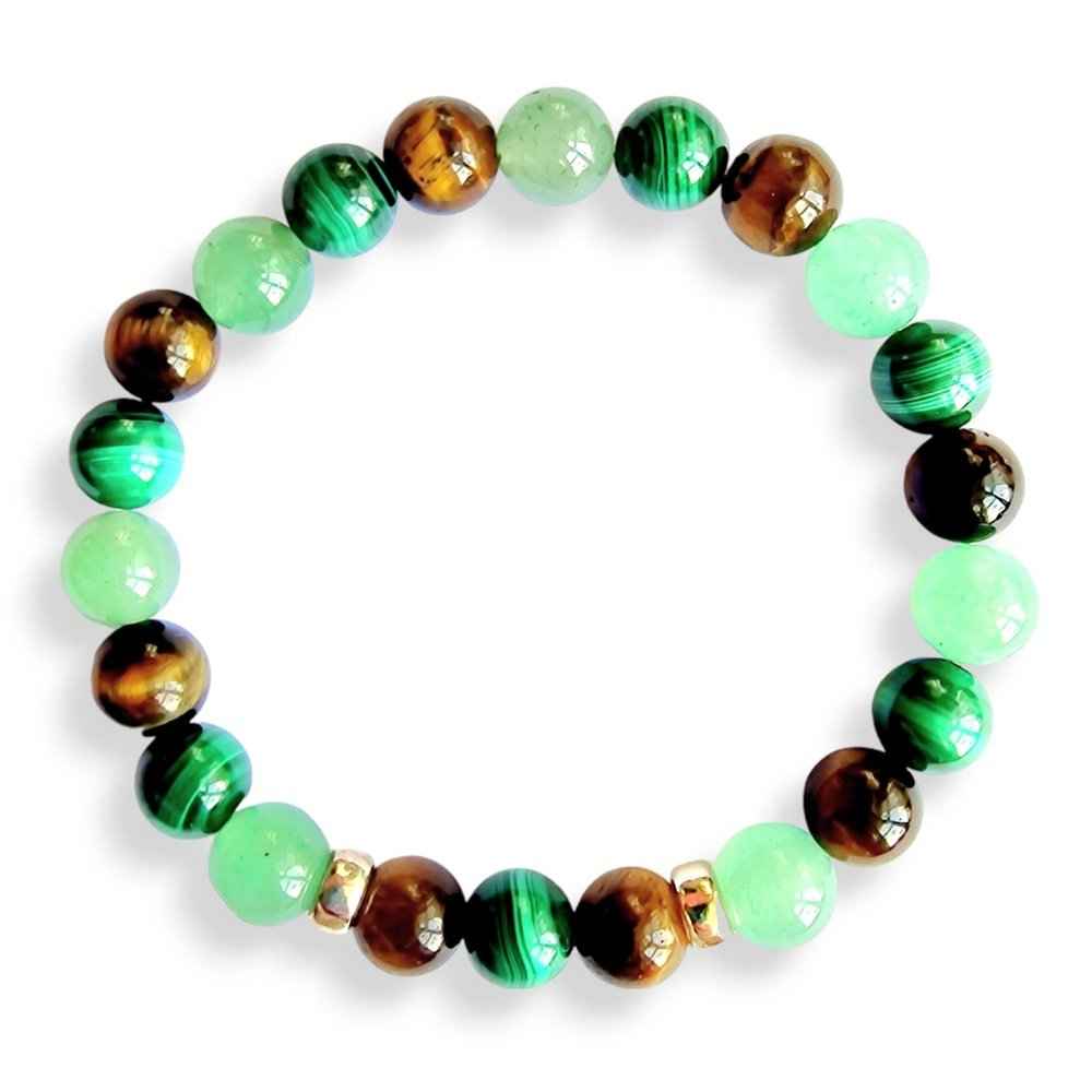 Malachite and green aventurine gemstone bracelet, green and gold tones, view 2