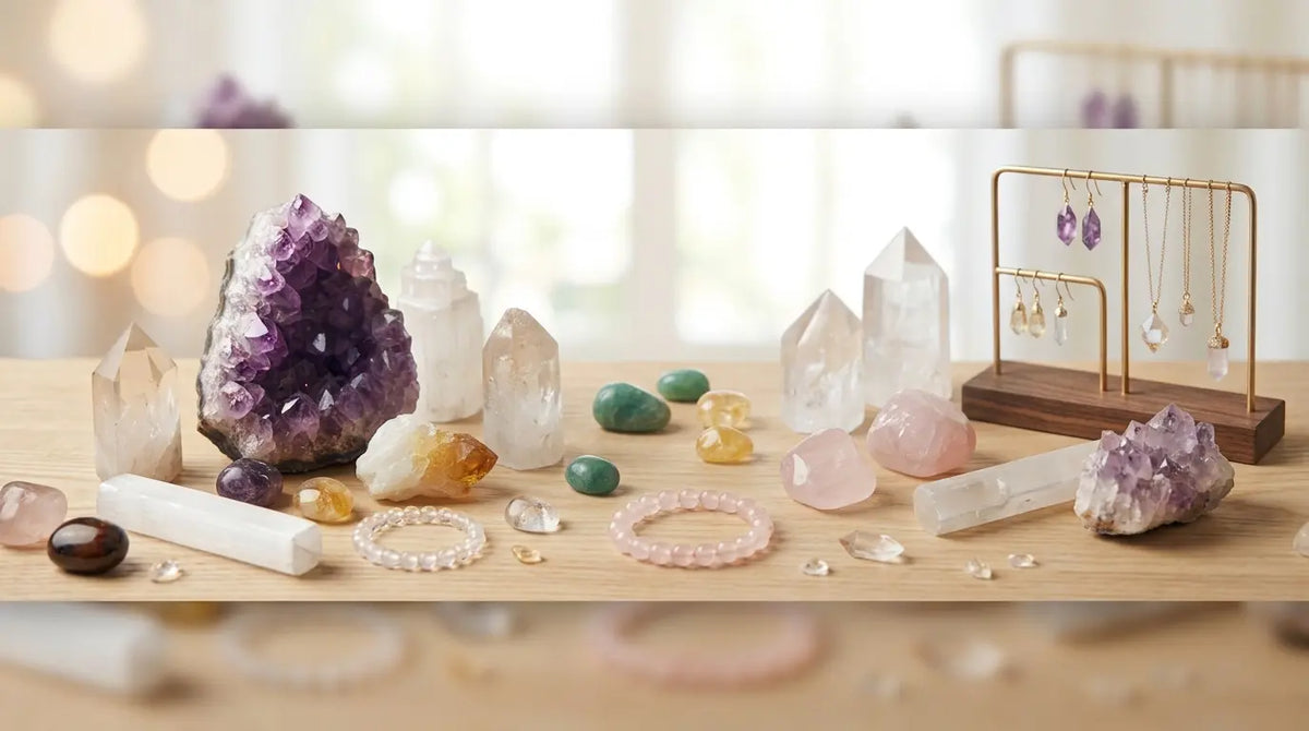 Minimalist layout of raw and polished natural minerals alongside handmade crystal accessories