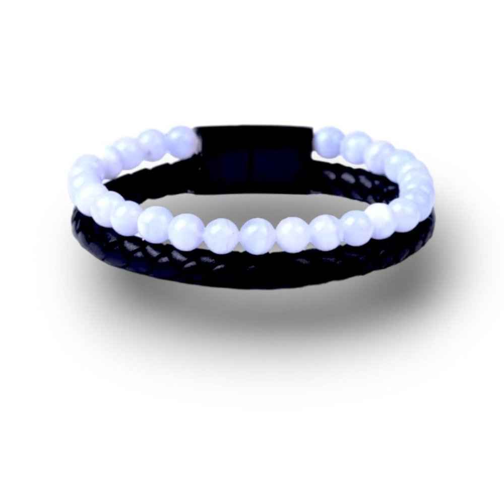 Blue chalcedony leather bracelet, soft blue 6mm natural stone beads on leather cord