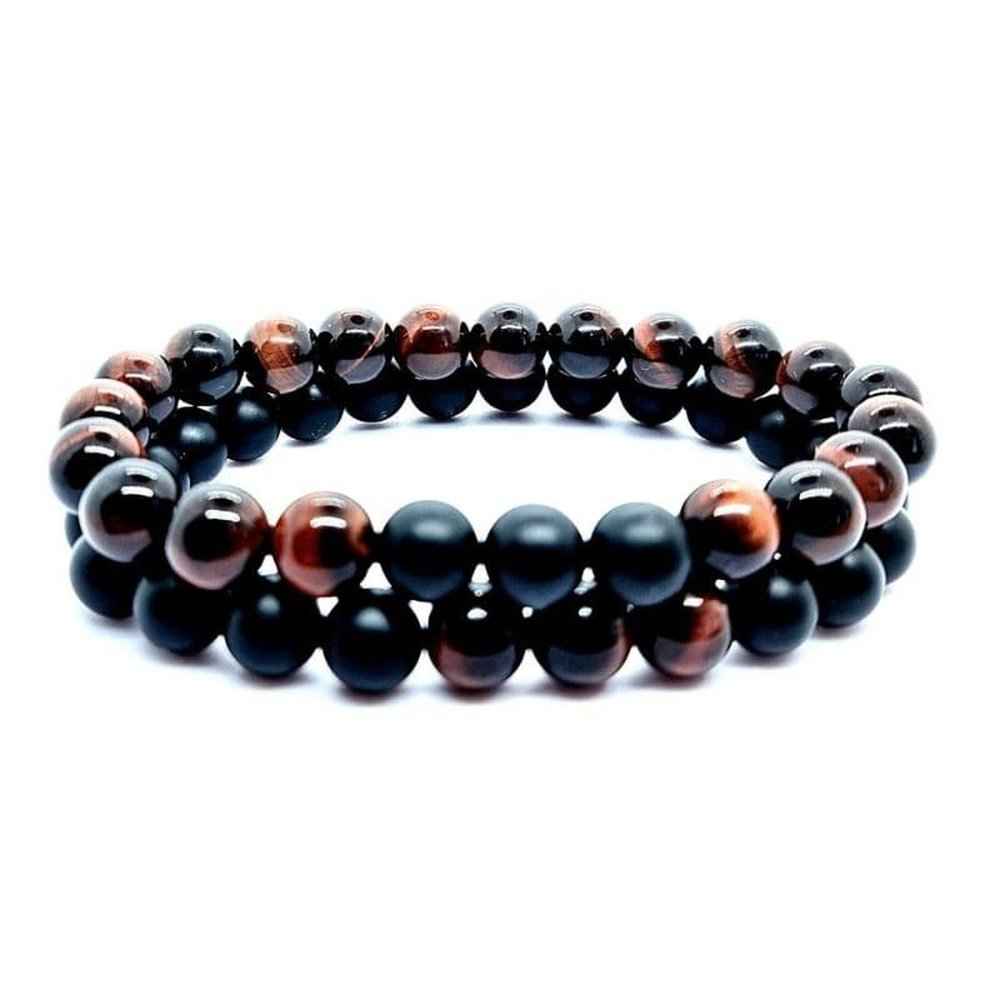 Red Tiger's Eye and Onyx beaded bracelet in red and black natural stone, 8mm