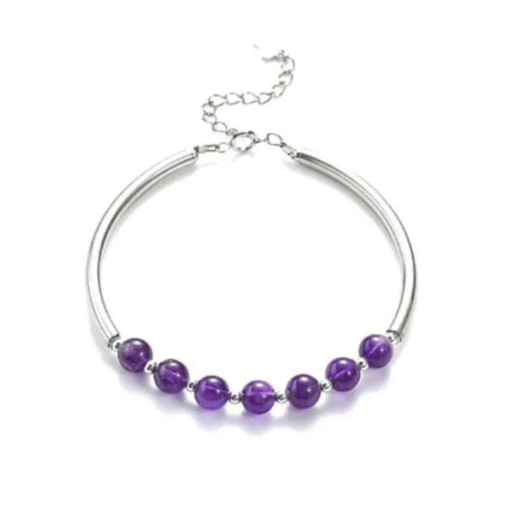 Amethyst and silver tube bracelet, adjustable, 6mm purple natural stone beads