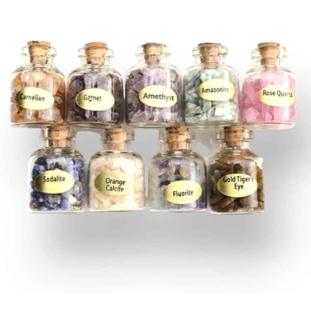 Crystal chip mini bottles with carnelian, amethyst and rose quartz chips